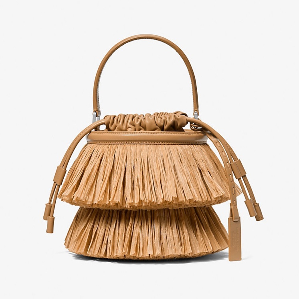 MICHAEL KORS COLLECTION Ischia Mini Leather and Fringe Bucket Bag Natural Peanut - Picture 1 of 14